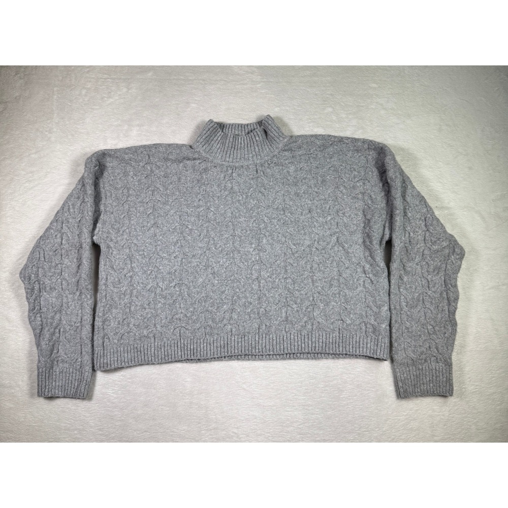 Pink Rose Cable Knit Mock Neck‎ Sweater XL Cropped Gray Textured Cozy Warm
